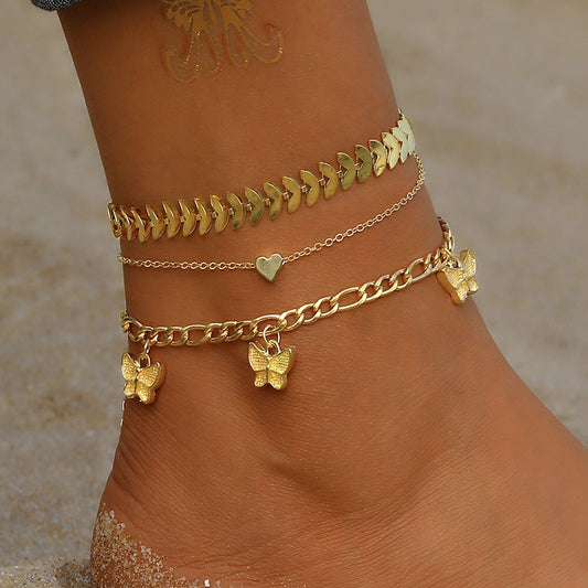 Liv Butterfly Chain Layered Anklet Set