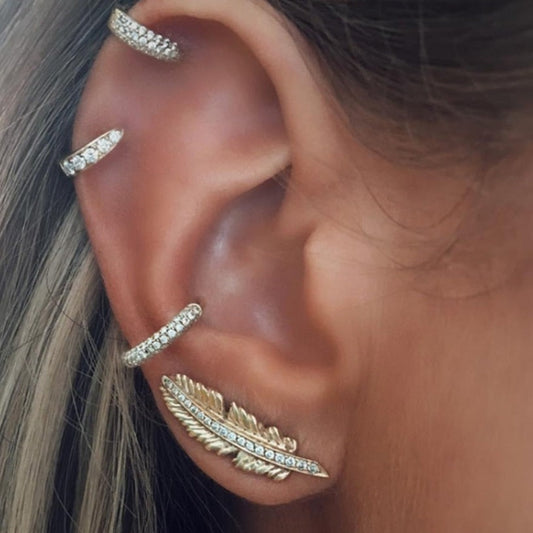 Ella Crystal Feather Stud Earrings with Ear Cuff